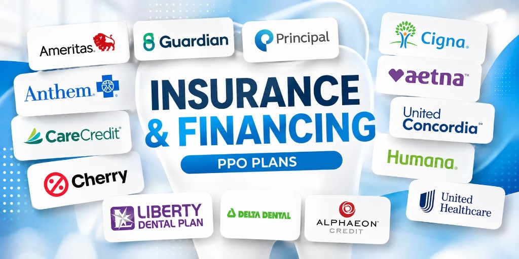 Insurance and financing service banner with PPO carrier and payment partner logos — MAP Dental Center Houston